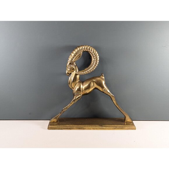 Vintage Solid Brass Sculpture of an Ibex Antelope, Art deco style brass Ram - Picture 4 of 14